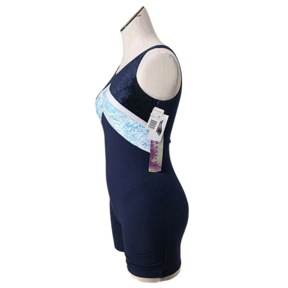 Gilda Marx VTG 90s Cotton Velvet Biketard Unitard Dance Tricolor Blue XS (Y/J) - Picture 2 of 16